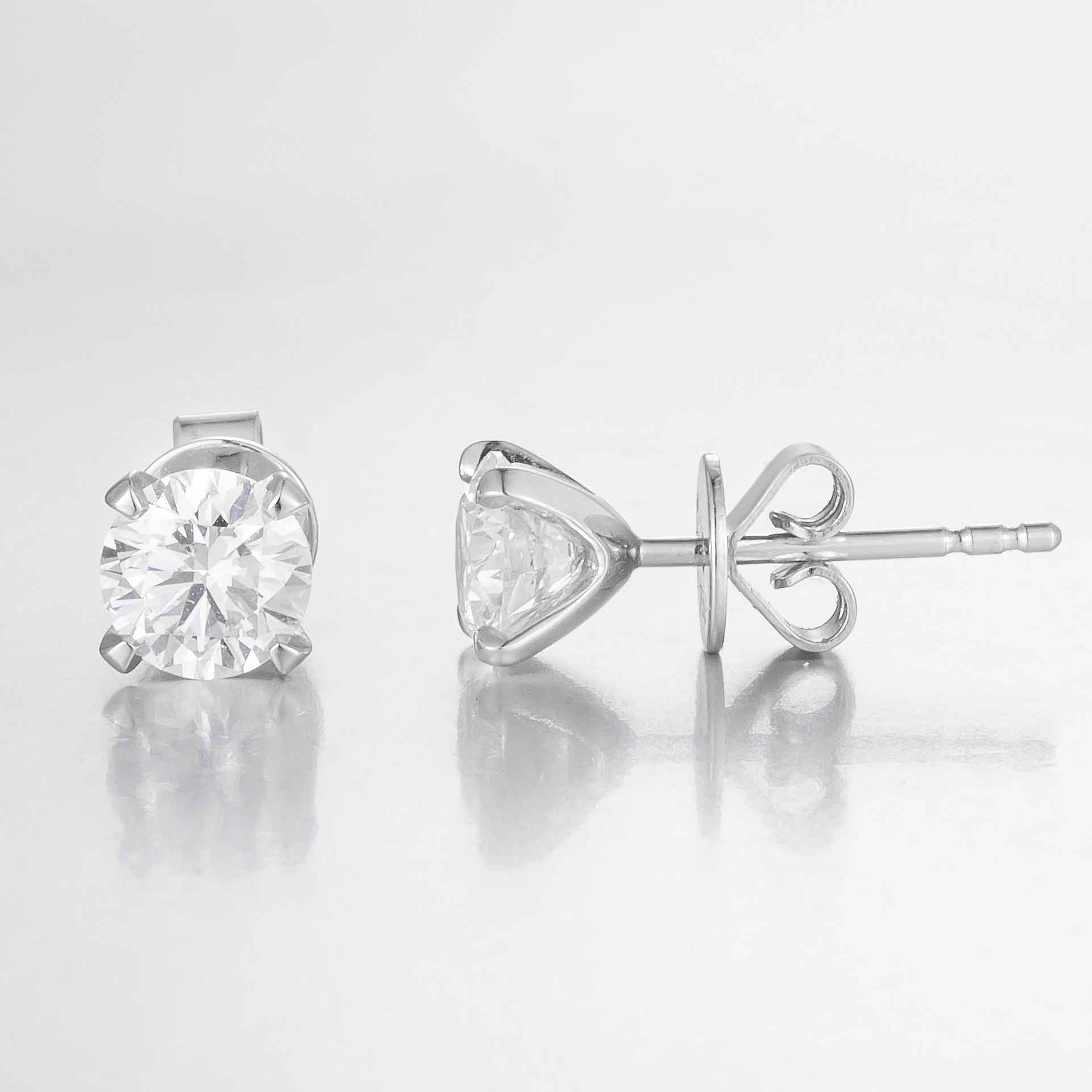 Round Brilliant 1ct Lab Grown Diamond Stud Earrings in 18K White Gold, DEF VS1+, IGI certified