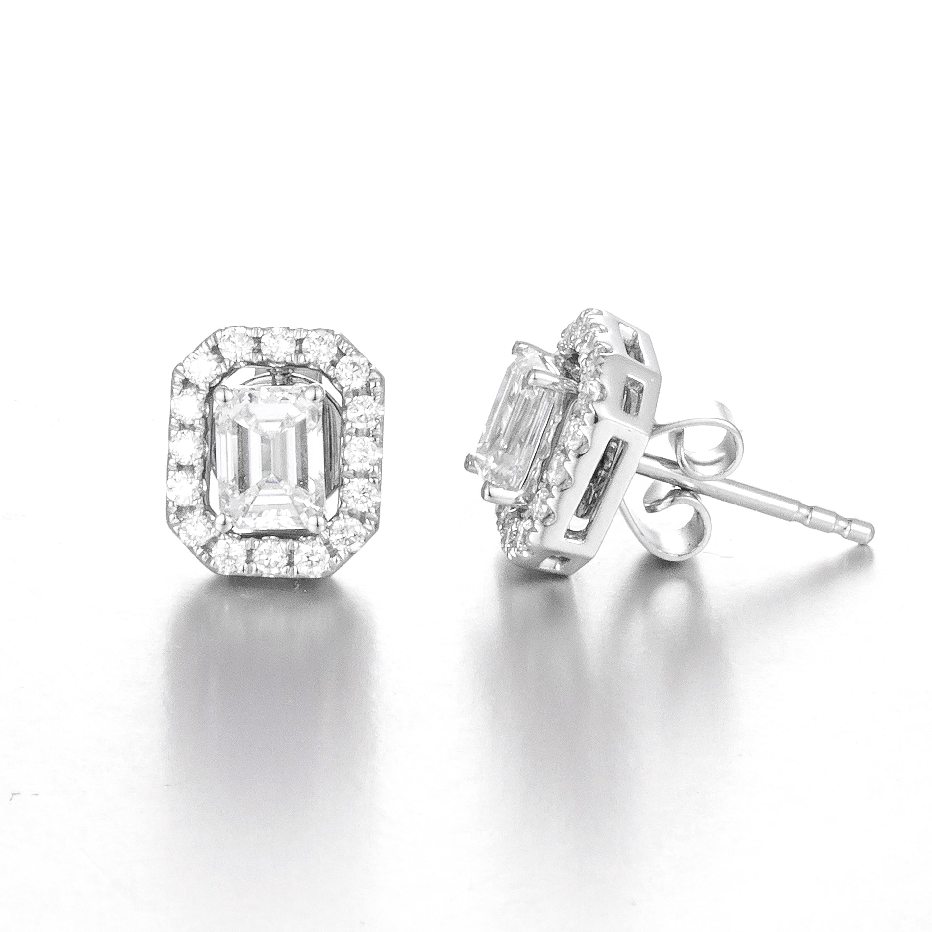 Emerald Cut 0.8ct Lab Grown Diamond Stud Earrings in 14K White Gold, DEF VS1+, IGI certified