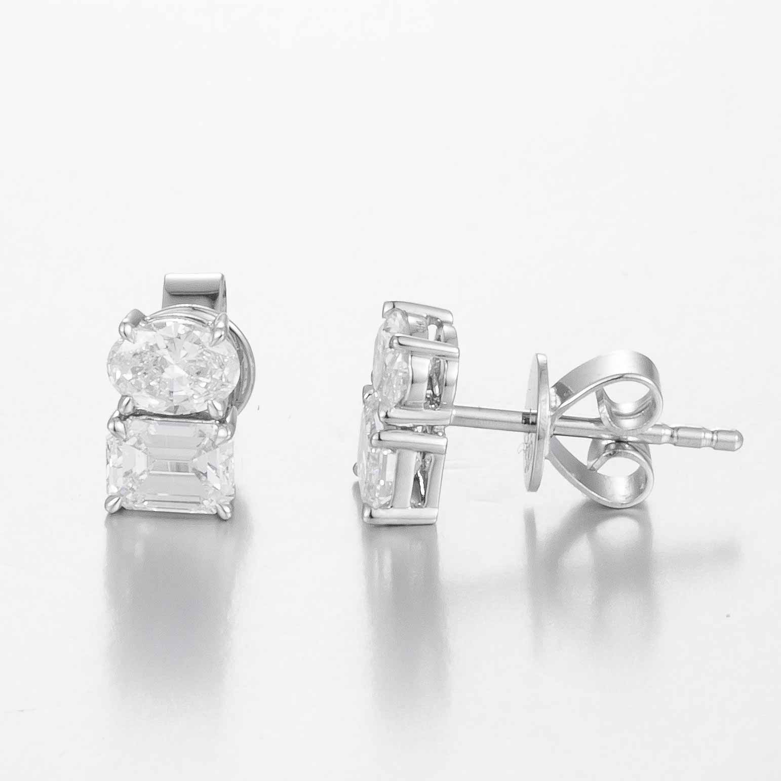 Oval & Emerald Cut 0.6ct Lab Grown Diamond Stud Earrings in 14K White Gold, DEF VS1+, IGI certified