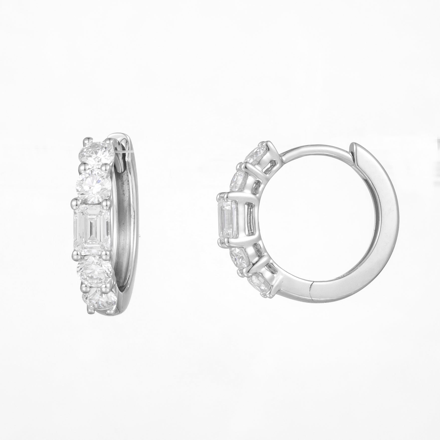 Round & Emerald Cut 0.8ct Lab Grown Diamond Mini Hoop Earrings in 14K White Gold, 10 diamonds, DEF VS1+, IGI certified