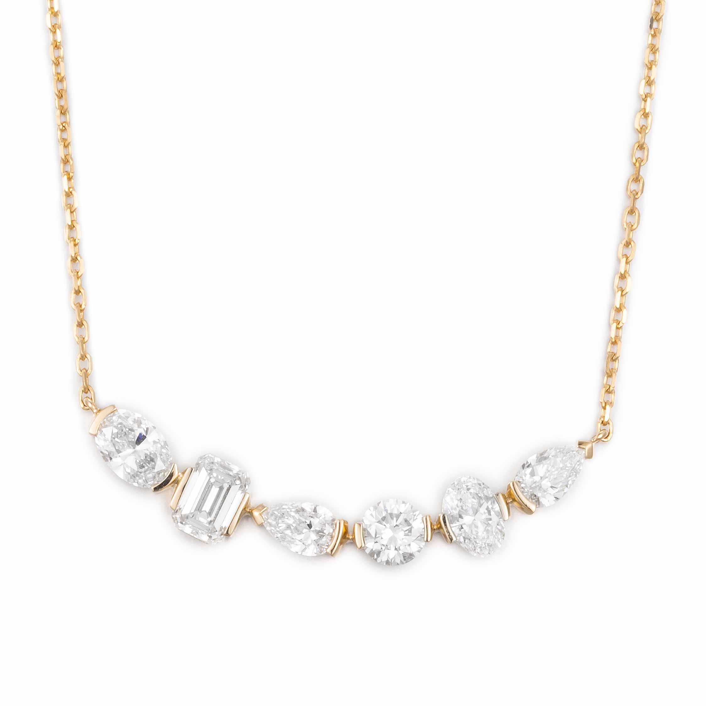 Round, Oval Emerald & Pear 1.5ct Lab Grown Diamond Multi Diamond Necklace in 14K Yellow Gold, 6 diamonds, DEF VS1+, IGI certified