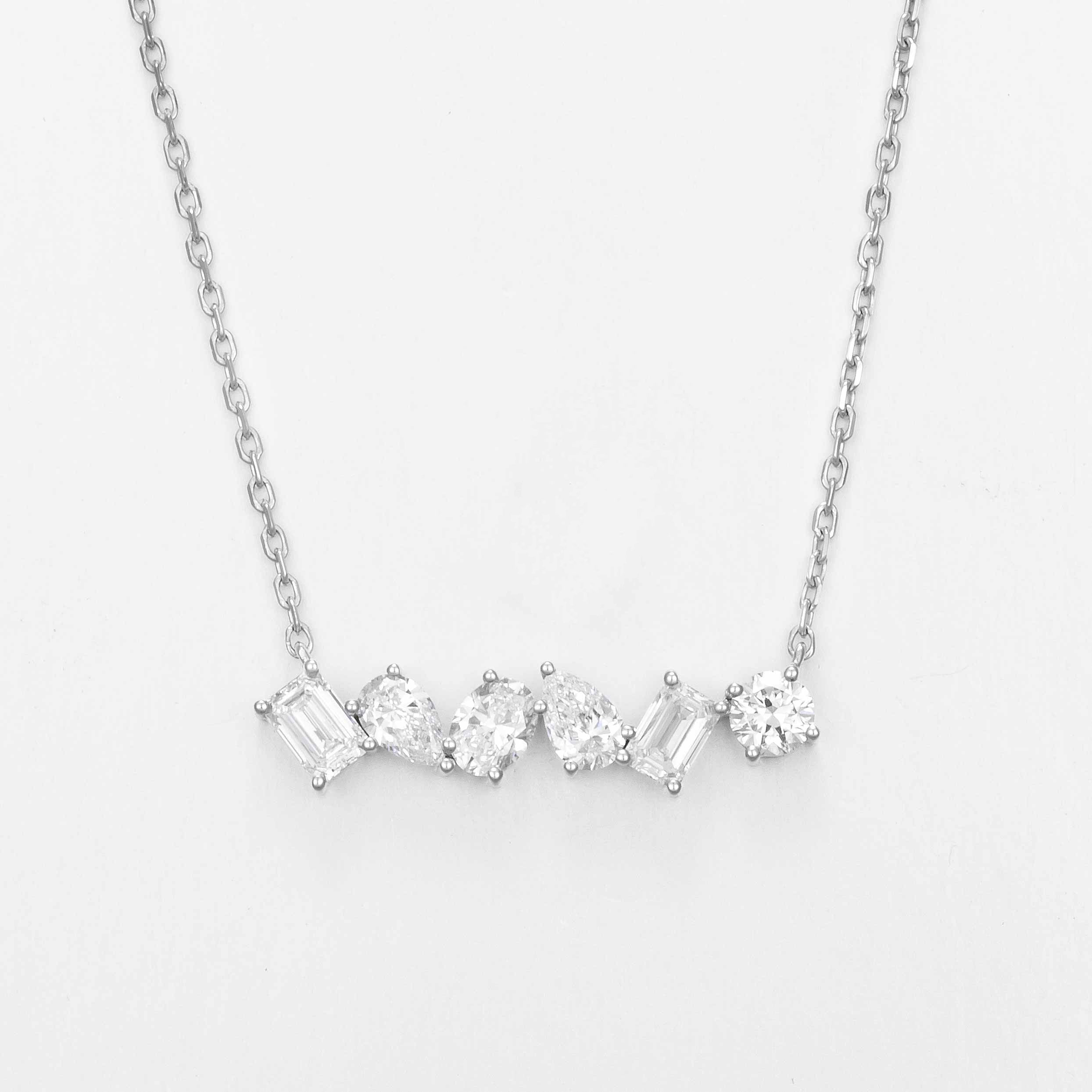 Round, Oval Emerald & Pear 0.9ct Lab Grown Diamond Multi Diamond Necklace in 14K White Gold, 6 diamonds, DEF VS1+, IGI certified